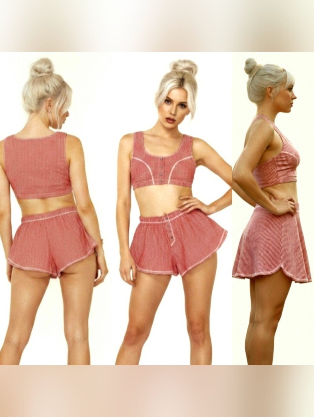 Vtg 90s Flyte red wht gingham thigh high flare shorts bra sexy loungewear set L